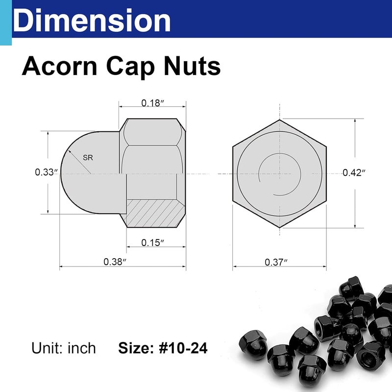 Usdrwam 35Pcs #10-24 Acorn Cap Nuts, Zinc Plating-Black Hex Head Acorn Cap Nuts, Stainless Steel 18-8 (304) Hexagon Dome for Indoor Outdoor - Image 2